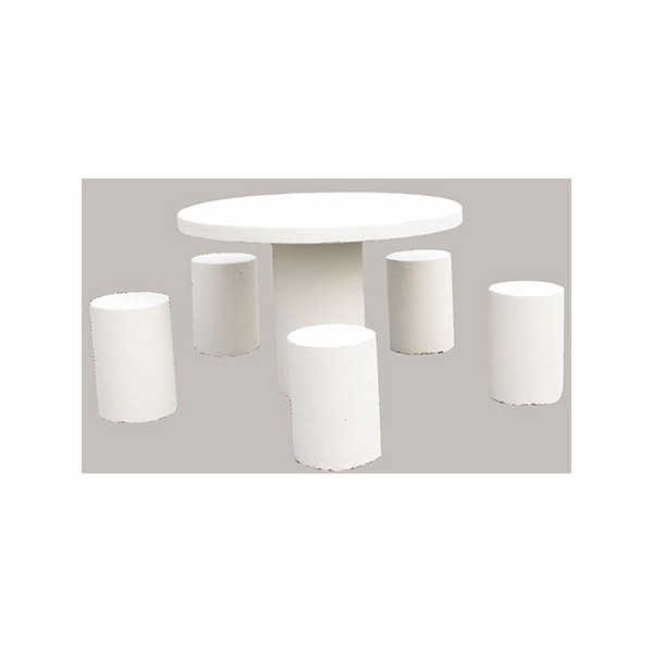 Table pique-nique ronde et 5 tabourets en béton blanc