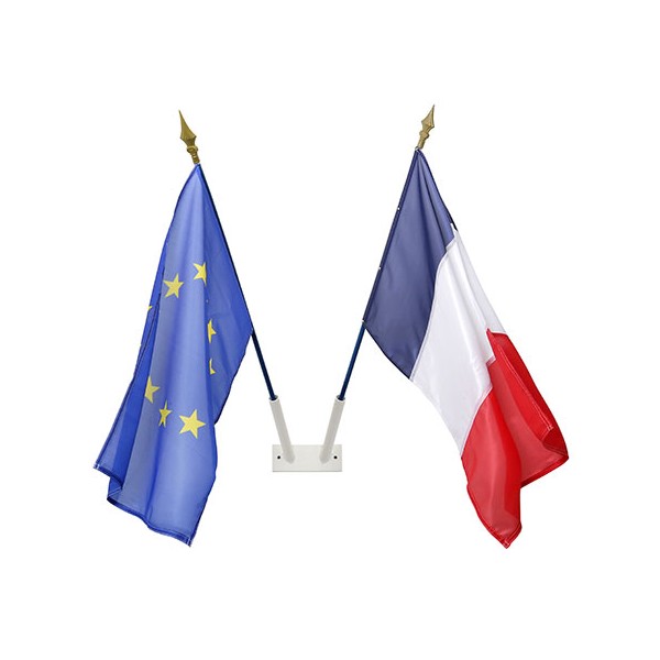 Pack porte drapeau 2 branches + drapeaux France et UE 60 x 90 cm sur hampe  bois