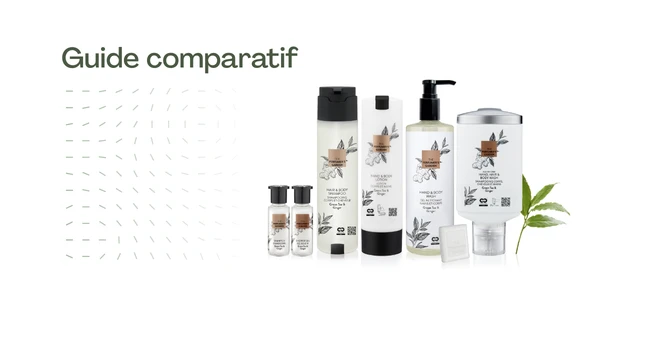 Distributeurs muraux et dosettes individuelles pour produits d'accueil en salle de bain d'hôtel