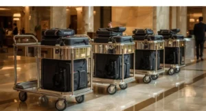 Équipements de bagagerie hôtel professionnels avec chariots et porte-bagages design dans un hall d'établissement haut de gamme