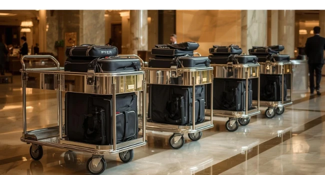 Équipements de bagagerie hôtel professionnels avec chariots et porte-bagages design dans un hall d'établissement haut de gamme