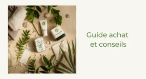 produits d'accueil bio hôtel avec écolabel disposés dans salle de bain moderne