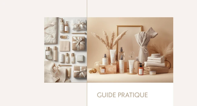 produits d'accueil hôtel disposés harmonieusement sur tablette de salle de bain avec serviettes blanches