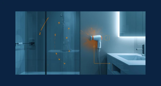 Installation conforme d'un sèche-cheveux mural dans une salle de bains d'hôtel respectant les normes de sécurité électrique
