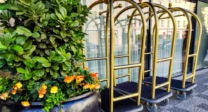 Chariot à bagages hôtel moderne en acier chromé dans hall d'établissement professionnel