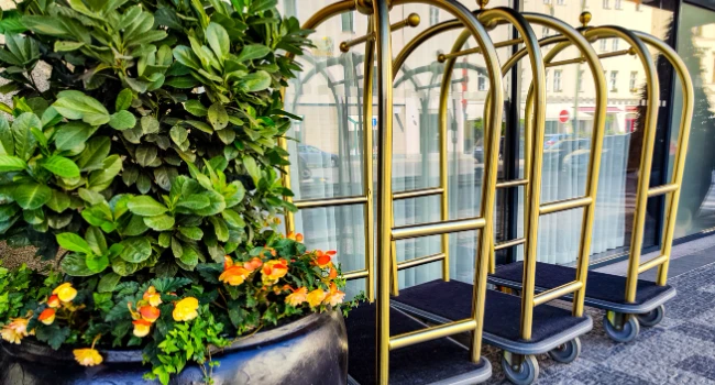 Chariot à bagages hôtel moderne en acier chromé dans hall d'établissement professionnel