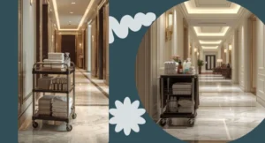Femme de chambre professionnelle sélectionnant un chariot étage hôtel ergonomique et fonctionnel dans un couloir d'établissement