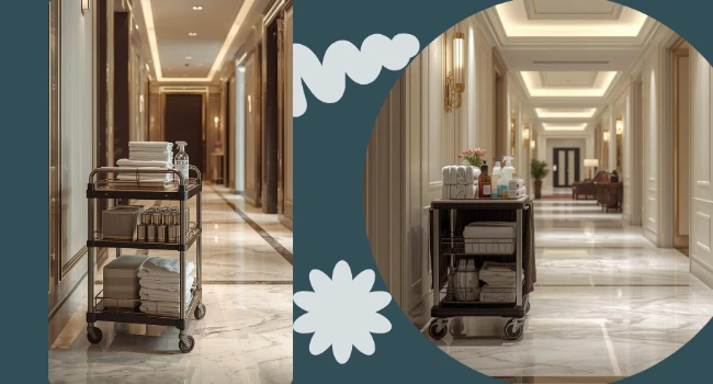 Femme de chambre professionnelle sélectionnant un chariot étage hôtel ergonomique et fonctionnel dans un couloir d'établissement