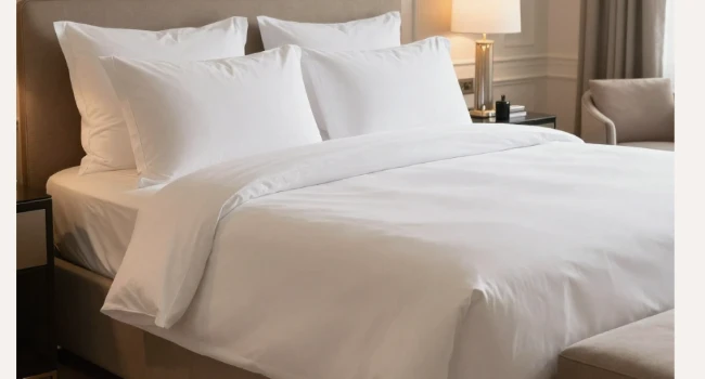 Linge de lit hôtel en coton blanc soigneusement dressé sur un lit professionnel