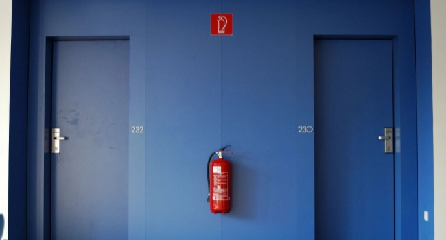 extincteur et signalétique de sécurité incendie dans un couloir d'hôtel professionnel