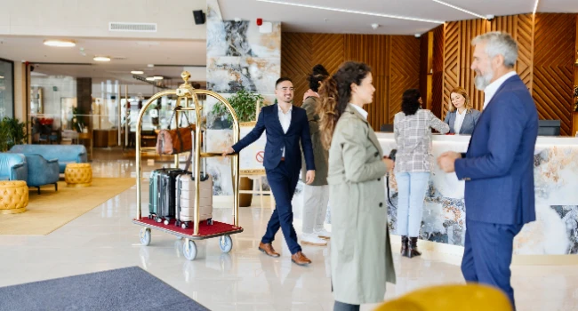 Mobilier accueil hôtel avec banque de réception et fauteuils dans un hall d'entrée