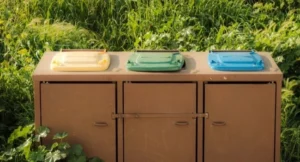 Meuble de tri sélectif restauration collective avec compartiments colorés pour le tri des déchets